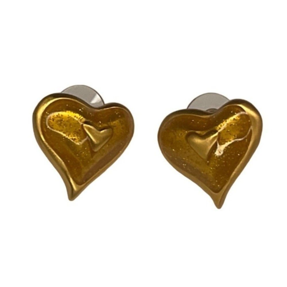 Anne‎ Klein Couture Signed Gold Tone Glitter Heart Shaped Post Back Earrings OS